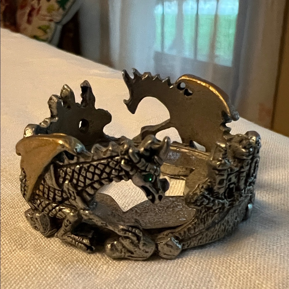 Pewter 1999 Dragon Motif Tea Light Holder.